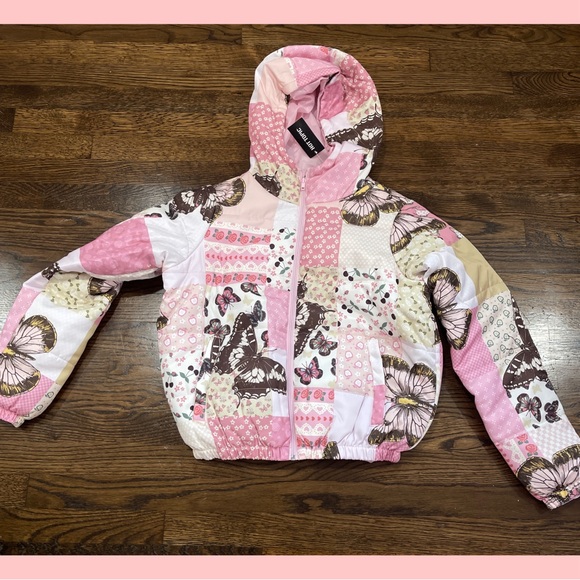 Sweet Society Butterfly Pink Patchwork Girls Puffer Jacket - Picture 1 of 6